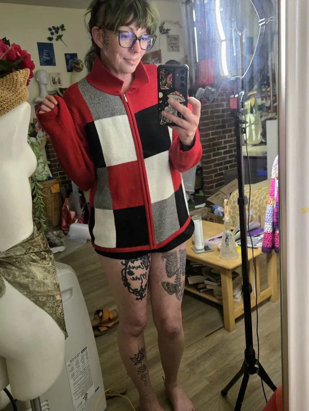 ​Vintage Red, Black, Grey & White Colorblock Zip-Up Sweater